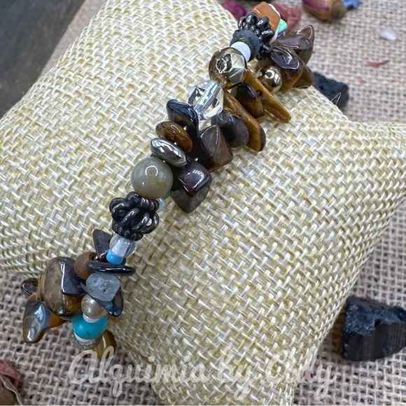 SILVER AND TIGERS EYE LAYERED WRAP AROUND CHARMS BEADED BRACELET - Picture 1 of 2
